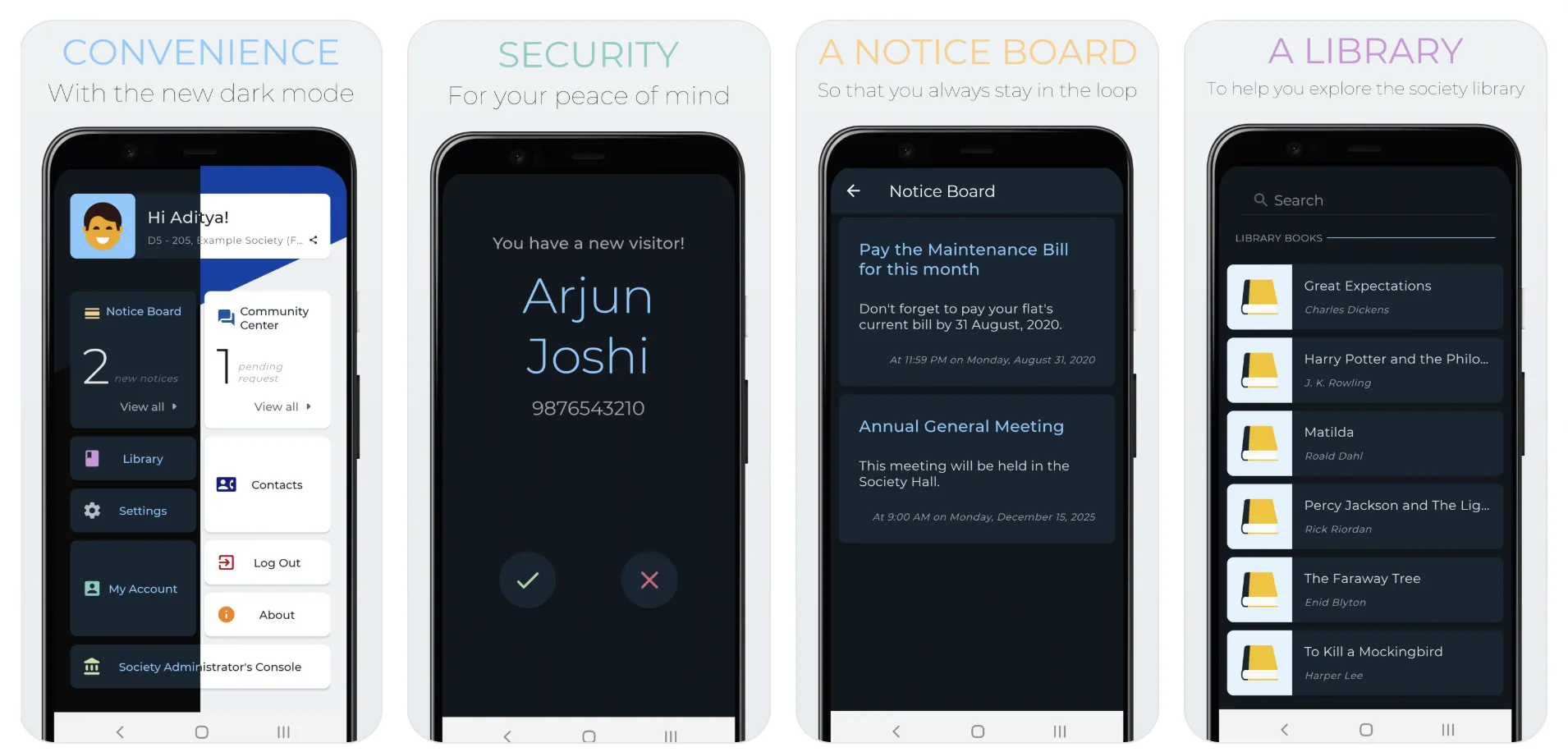 My Society app showing Convenience and Security features
