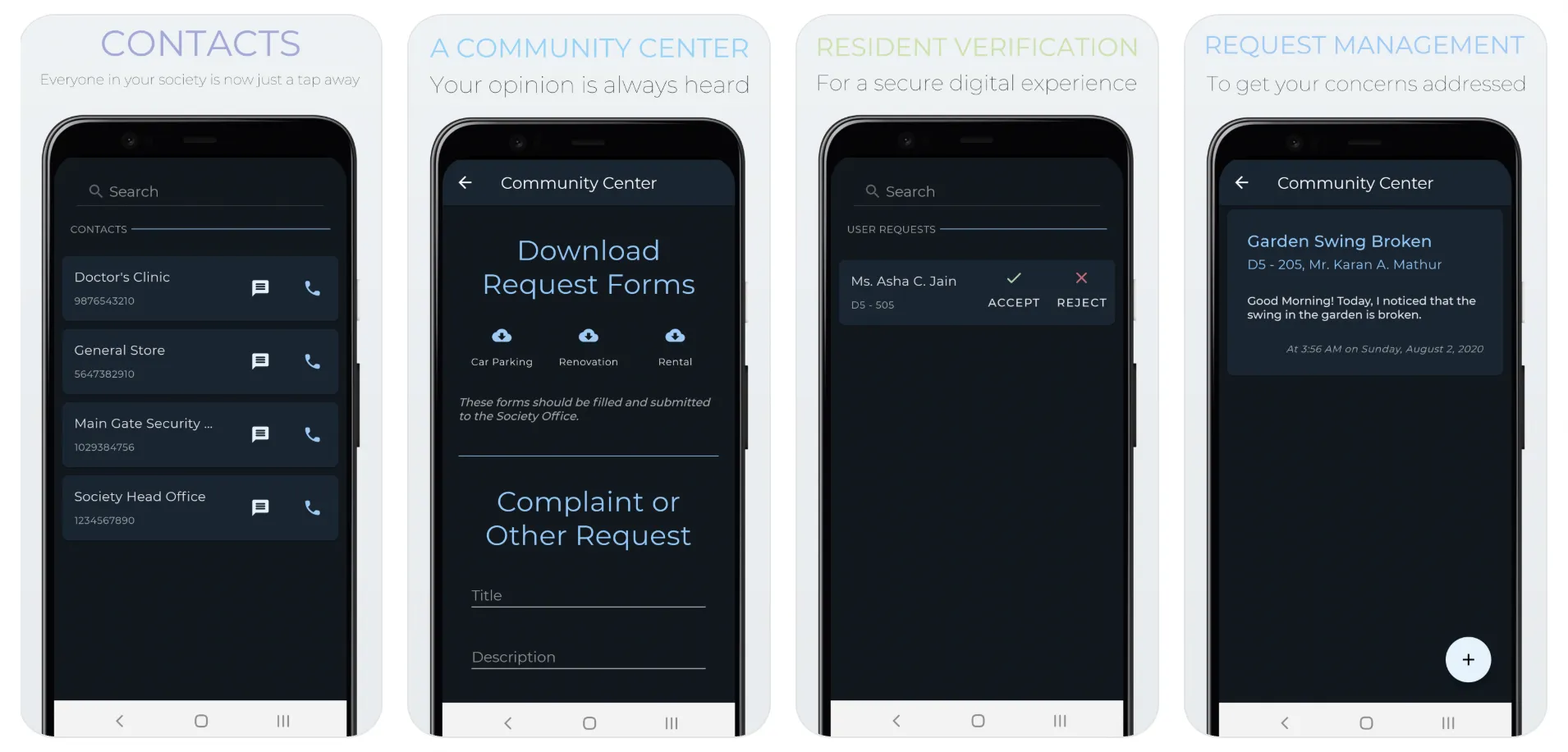 My Society app showing Contacts and Request Management